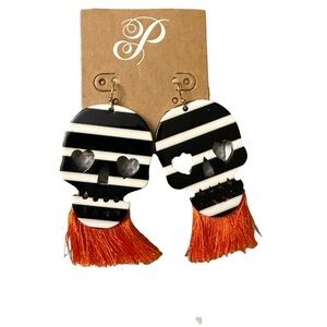 Plunder Black & White Striped Skull Earrings with Orange Tassels